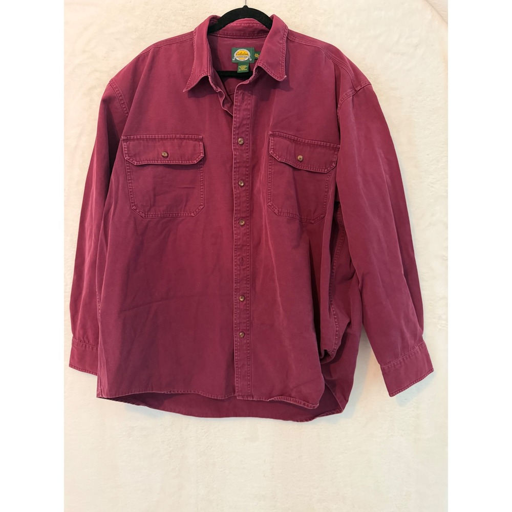 Cabelas Mens 2XL Tallโ Burgundy Cotton Canvas Long Sleeve Button Down Work Shirt